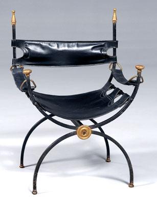 Roman style iron and leather chair,