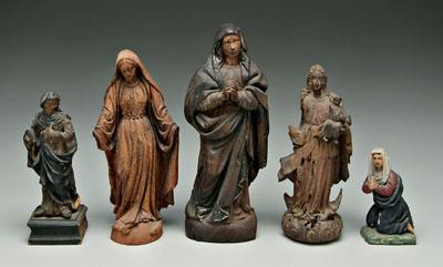 Five Spanish Colonial carved figures: