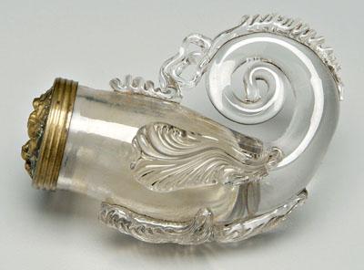 Glass snuff mull, scrolled handle,