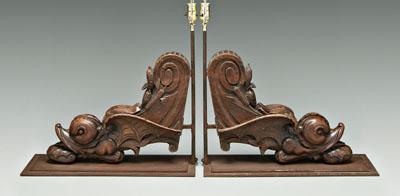 Pair carved oak dolphin brackets: