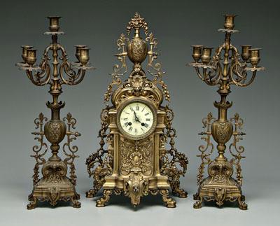 Louis XV style bronze clock garniture: