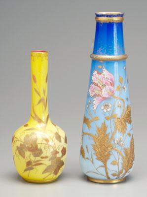 Two glass vases: one canary yellow,