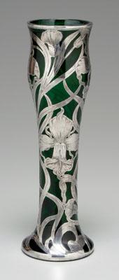 Silver overlay vase, emerald green