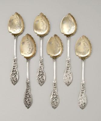 Six French silver dessert spoons:
