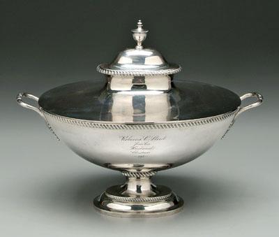 Coin silver oval tureen, urn finial,