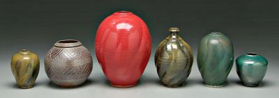 Six pieces Ben Owen III pottery: vases