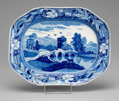 Blue transferware platter countryside 93611