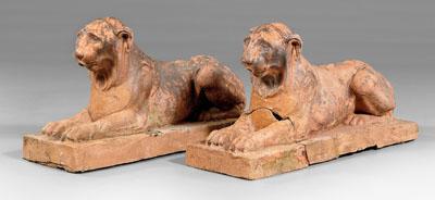 Pair French terra cotta lions: