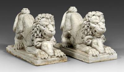 Pair cast stone lions: each with