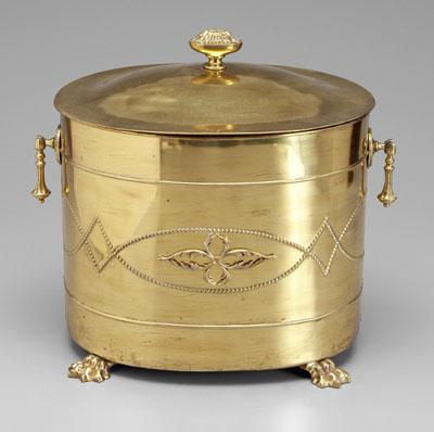 Lidded brass coal hod, of oval section