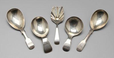 Five English silver caddy spoons  93715