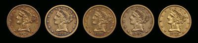 Five U.S. Liberty $5 gold coins: