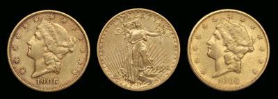 Three U.S. $20 gold coins: two