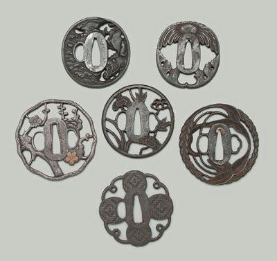 Six Japanese iron tsuba , all pierced: