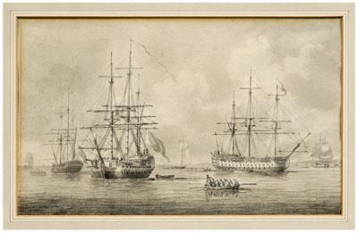 Serres watercolor, frigates at anchor