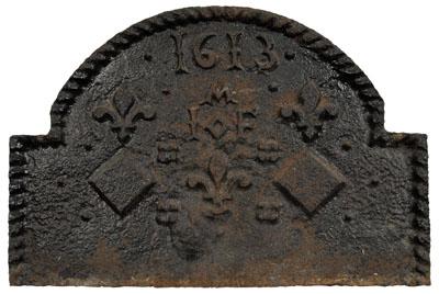 French cast iron fire back, 1613, fleur-de-lis