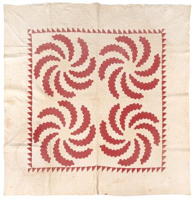 Pieced and appliquéd quilt, four-block