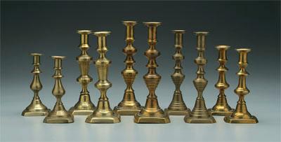 Five pairs brass pushup candlesticks  9391b