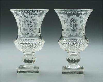 Pair brilliant cut and etched urns: