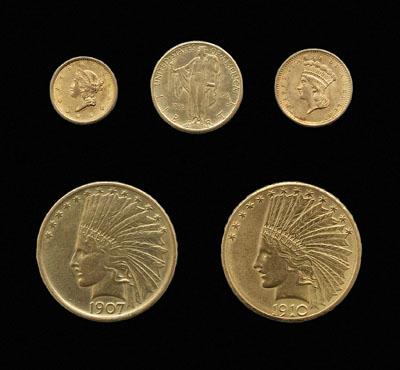 Five U.S. gold coins: $1, type