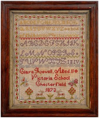 1873 alphabet cross stitch sampler  93b1f