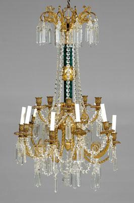 Gilt brass, faux malachite chandelier,
