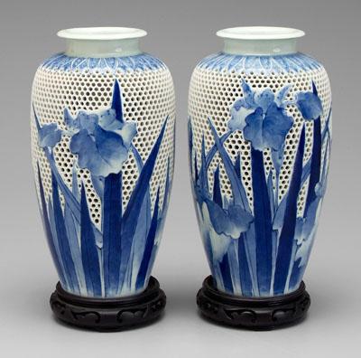 Pair Japanese openwork vases Hirado style 937d6