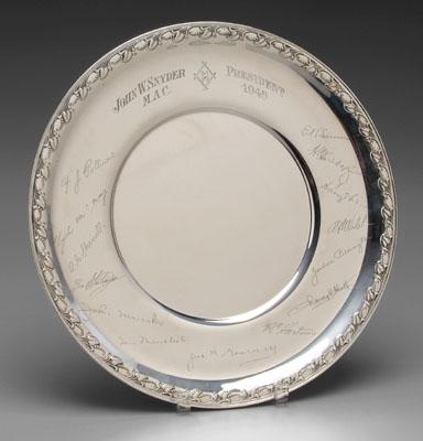 Circular sterling tray, engraved
