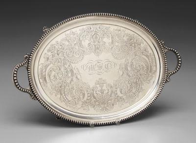 Coin silver tray, oval with beaded border