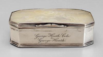 Coin silver, mother-of-pearl box,