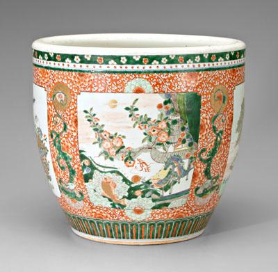 Chinese famille verte fish bowl, cartouches
