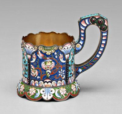 Russian silver and enamel cup holder,