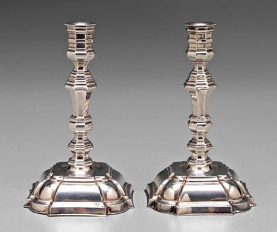 Pair silver-plated candlesticks: paneled