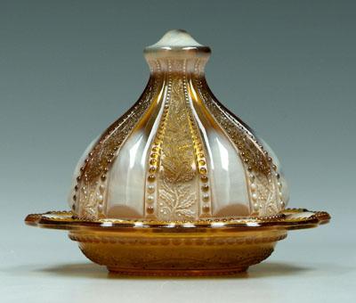 Greentown holly amber butter dish, with
