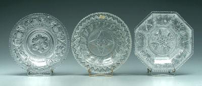 Three Sandwich glass dishes: one octagonal