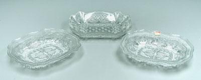 Three Sandwich glass dishes: one Peacock