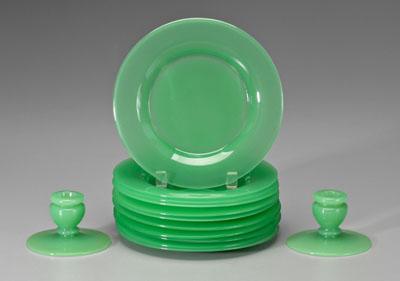 Steuben green plates, candlesticks: