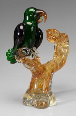 Murano glass parrot, green parrot perched