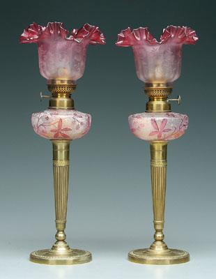 Pair satin glass cut back peg lamps  9410a