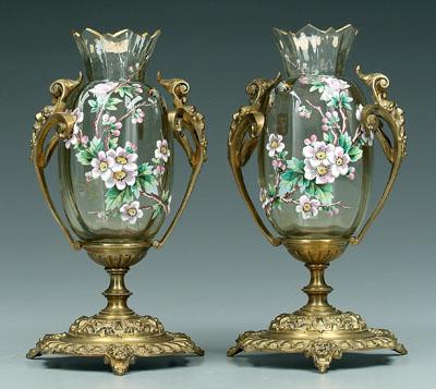 Pair enameled vases: clear/pale amber