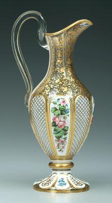 Cased glass ewer, white cut to