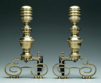 Pair brass andirons stepped ring 94133