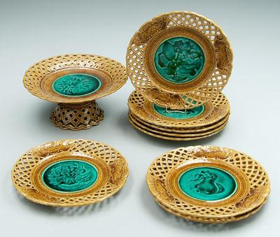 Nine pieces majolica: eight plates with