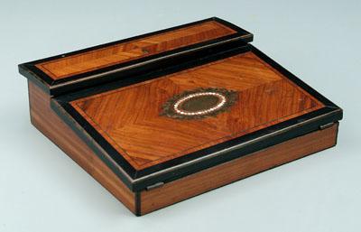 Inlaid lap desk, bookmatched figural