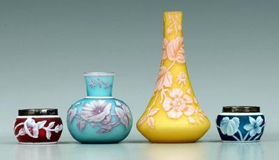 Four miniature cameo glass vases: