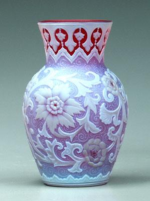 Cameo glass vase, floral and scroll