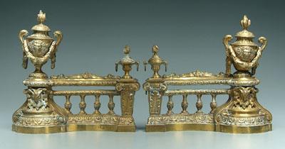 Pair brass chenet: flame and urn