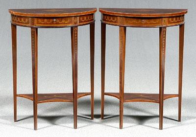 Pair Adam style demilune side tables: