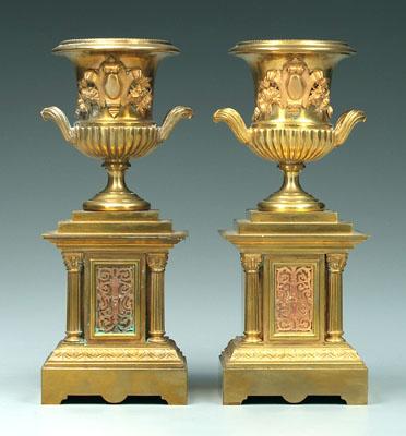 Pair brass urns, bronze doré mounts: