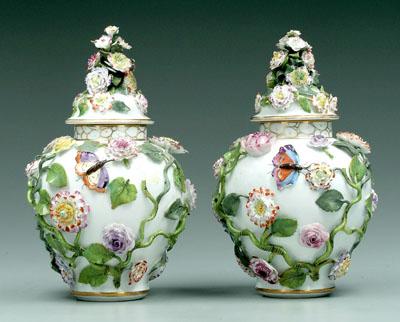 Pair lidded porcelain jars encrusted 9425a